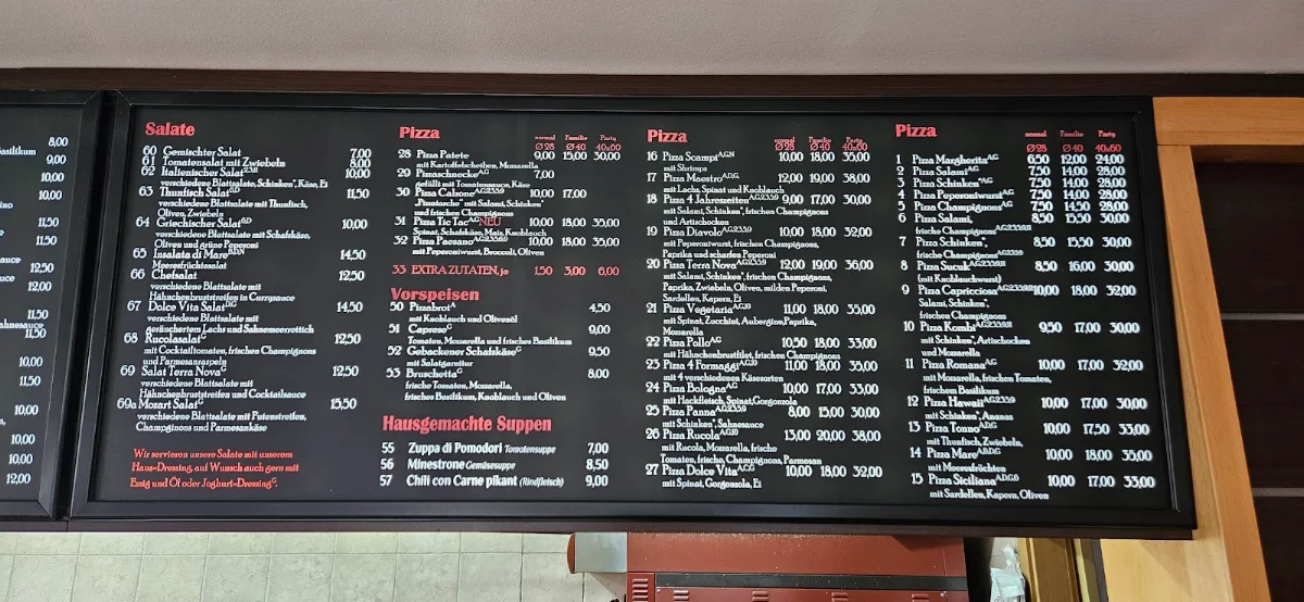Speisekarte, Pizzeria Terra Nova