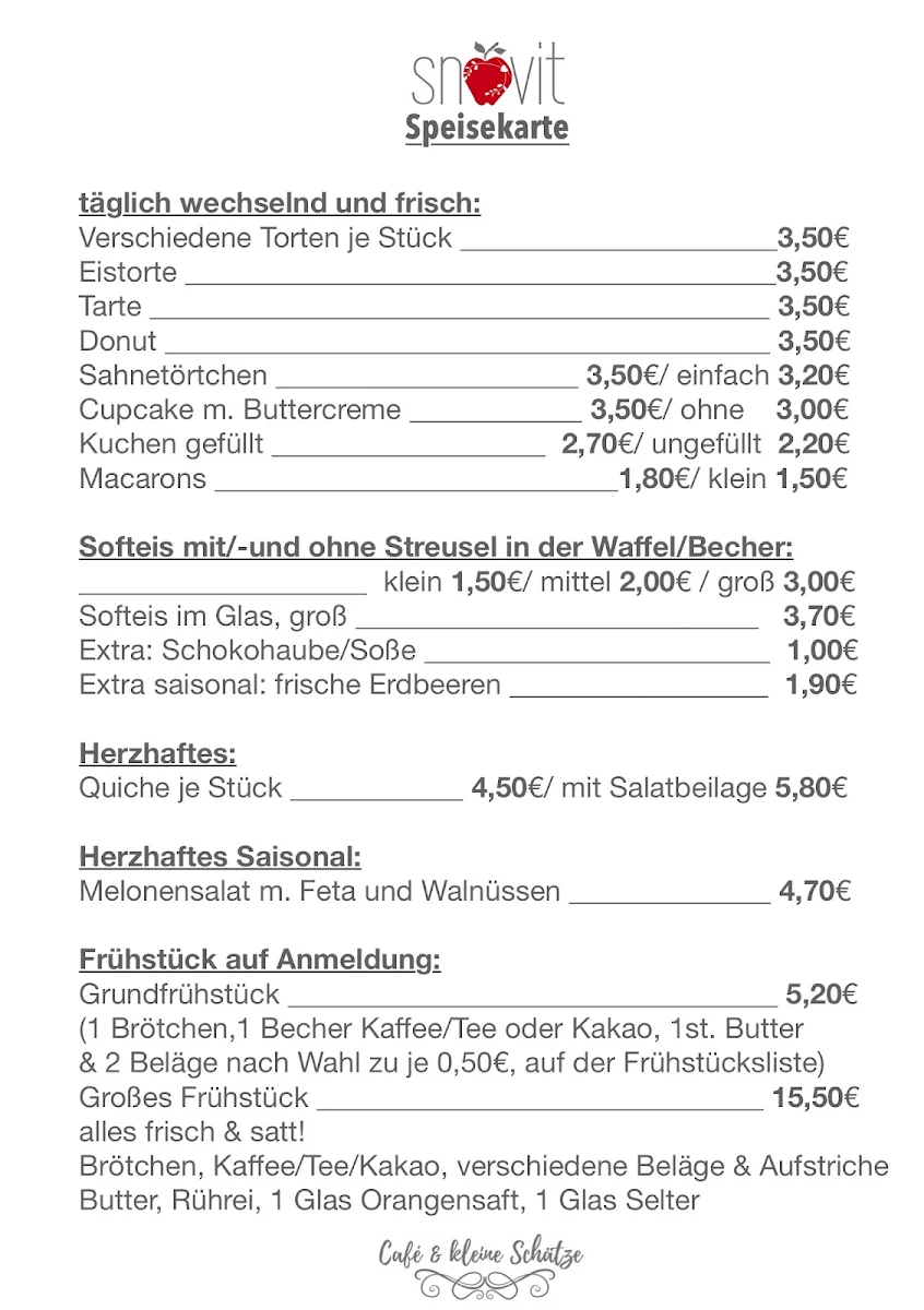 Speisekarte, Snövit Café & kleine Schätze
