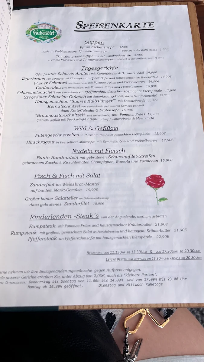 Speisekarte, Gasthaus Huberwirt Ignaz Lechner