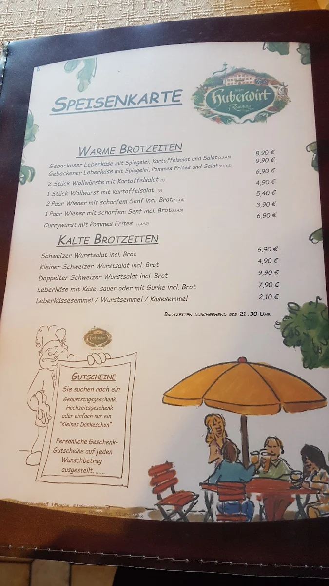 Speisekarte, Gasthaus Huberwirt Ignaz Lechner