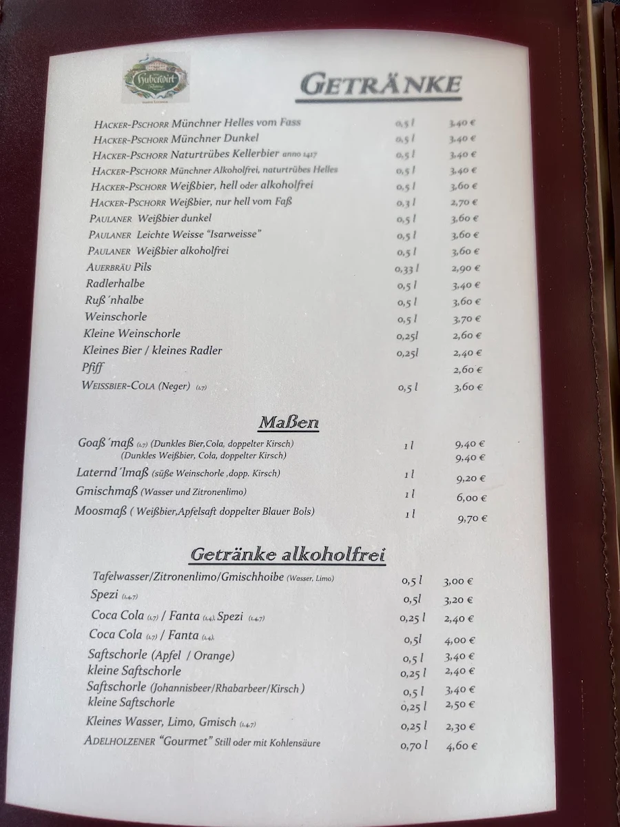 Speisekarte, Gasthaus Huberwirt Ignaz Lechner