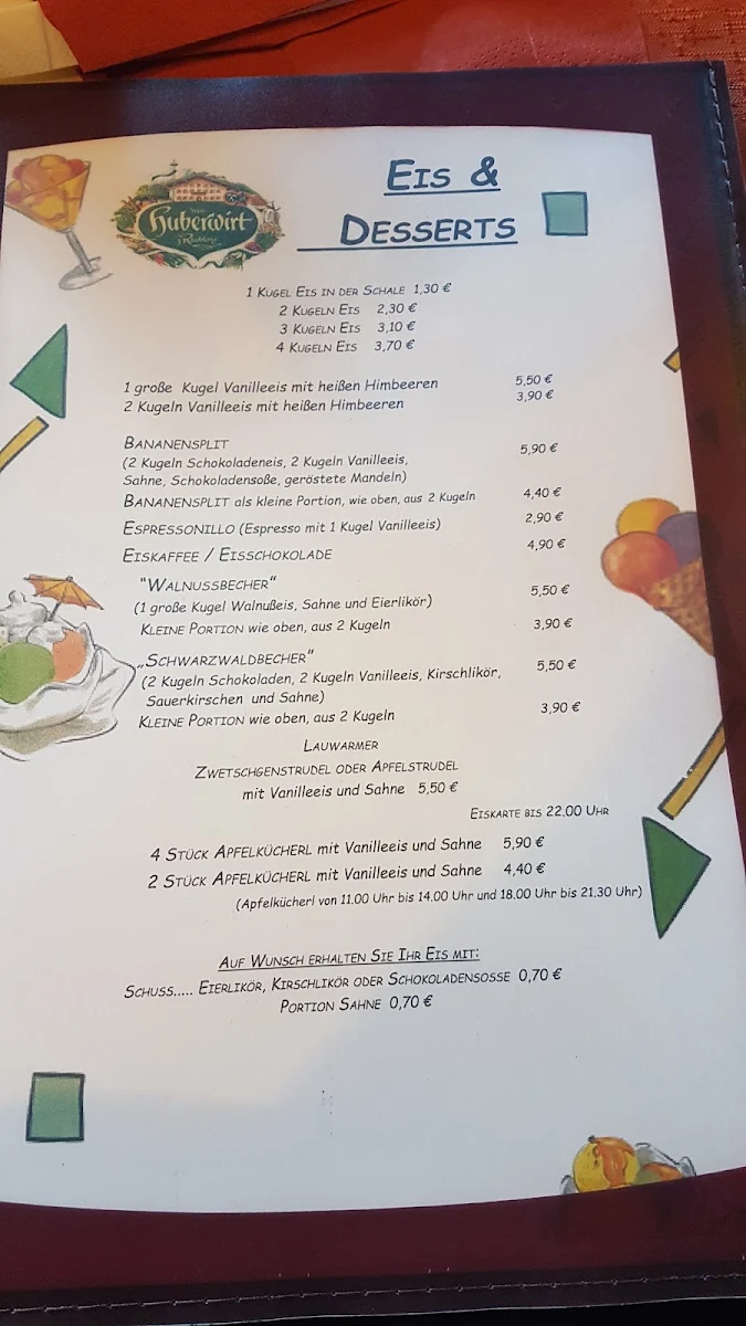 Speisekarte, Gasthaus Huberwirt Ignaz Lechner
