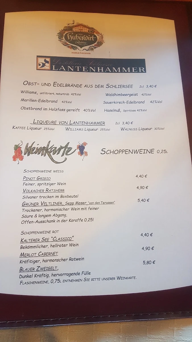 Speisekarte, Gasthaus Huberwirt Ignaz Lechner