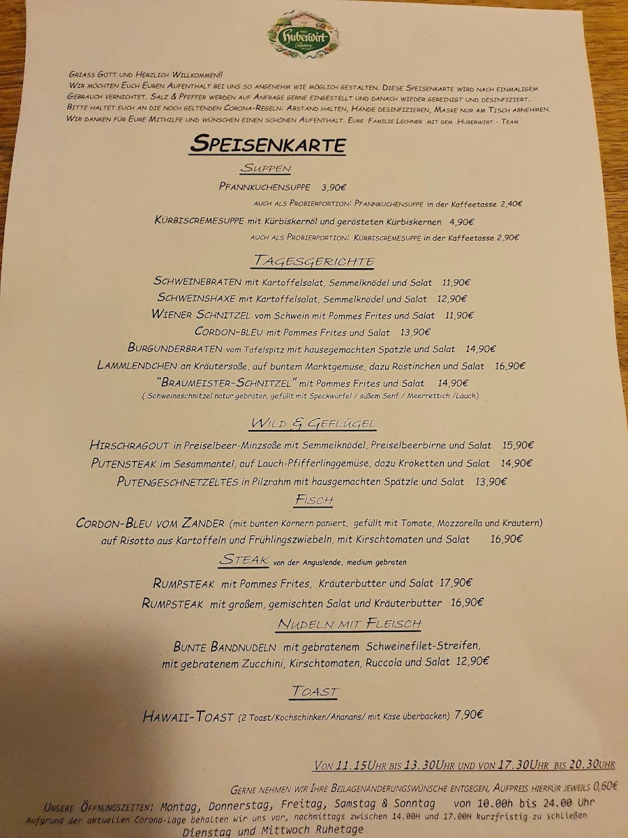 Speisekarte, Gasthaus Huberwirt Ignaz Lechner