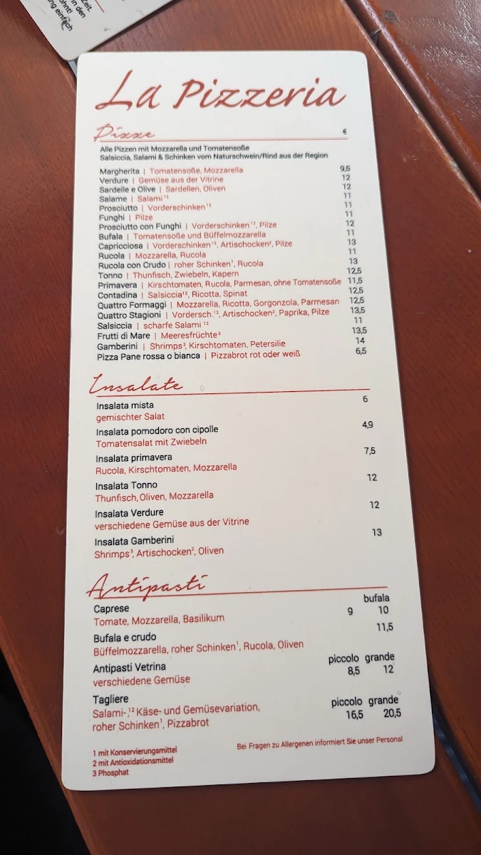 Speisekarte, La Pizzeria