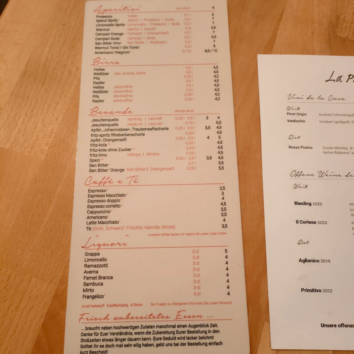 Speisekarte, La Pizzeria