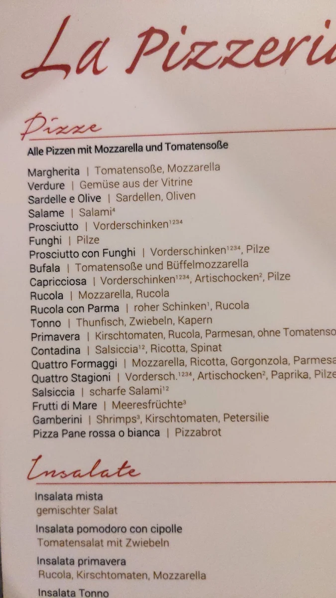 Speisekarte, La Pizzeria