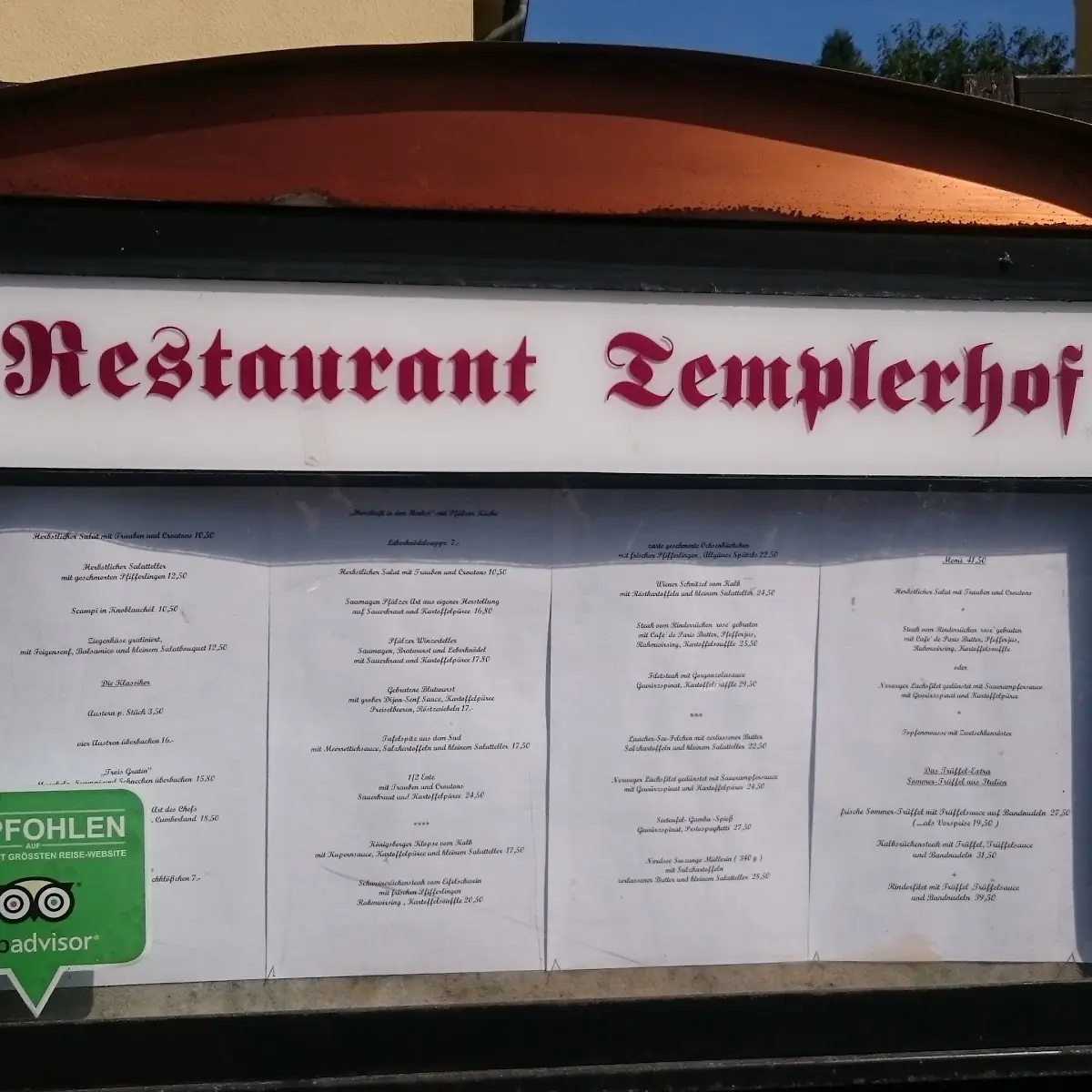 Speisekarte, Templerhof Restaurant