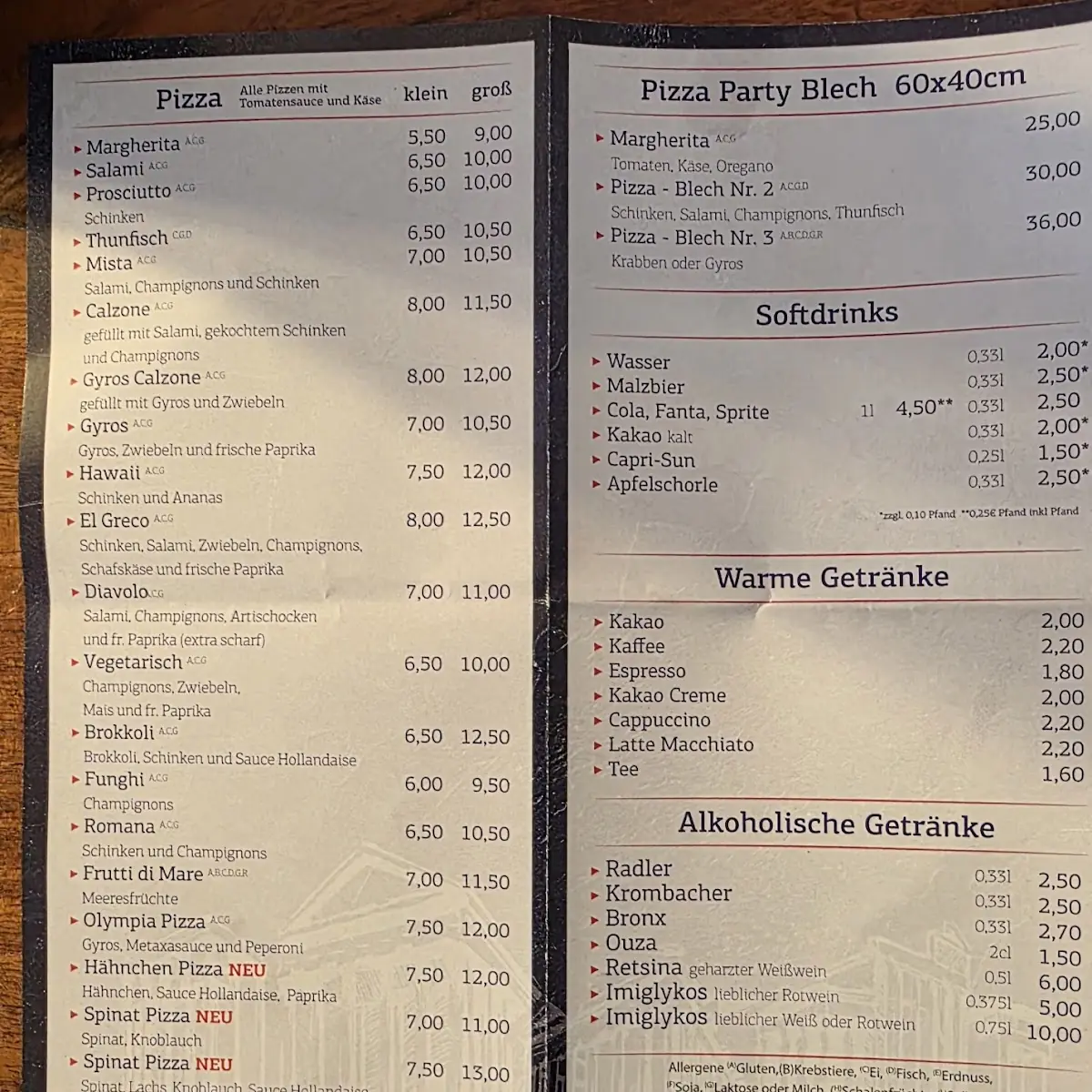 Speisekarte, Olympia Grill Ahlen