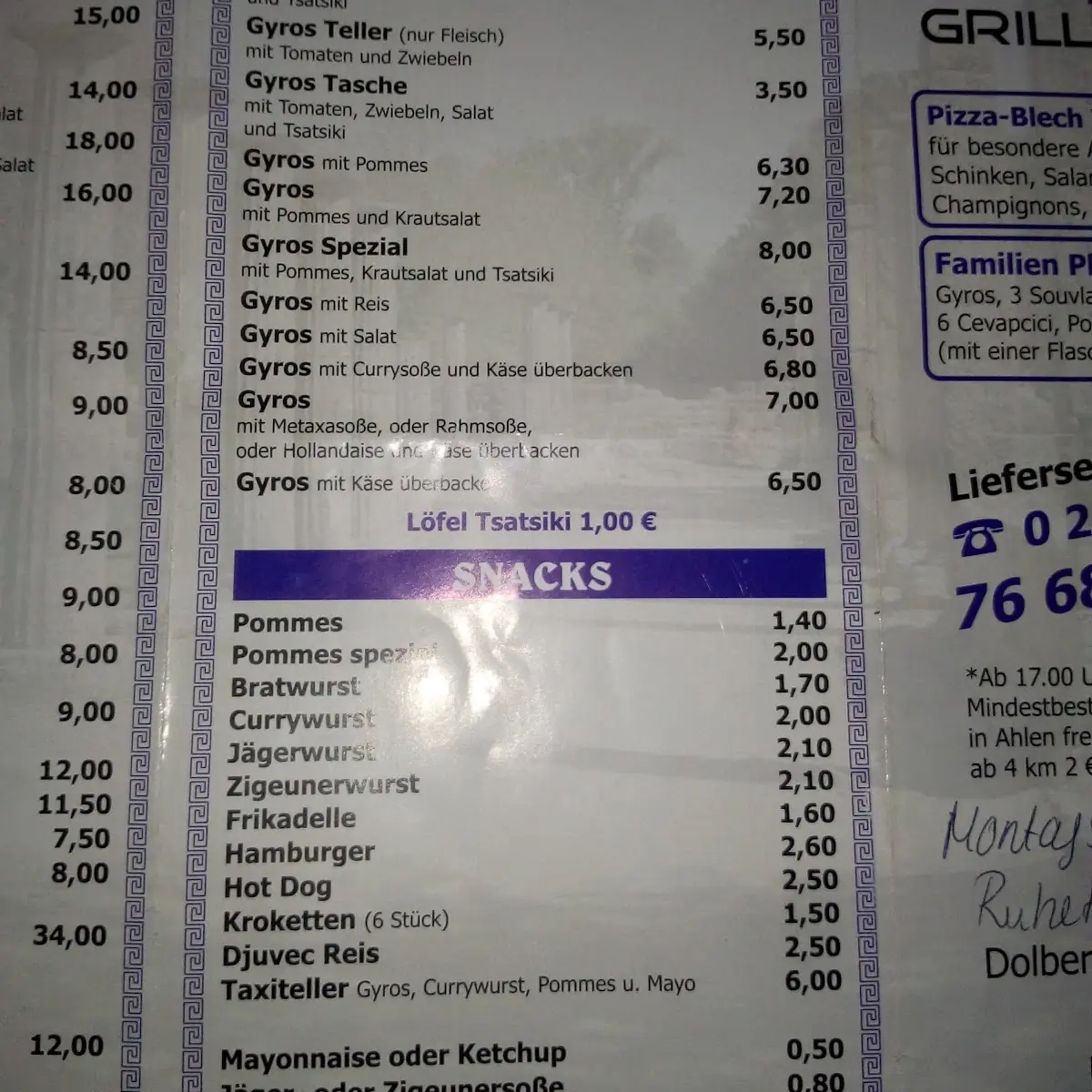 Speisekarte, Olympia Grill Ahlen