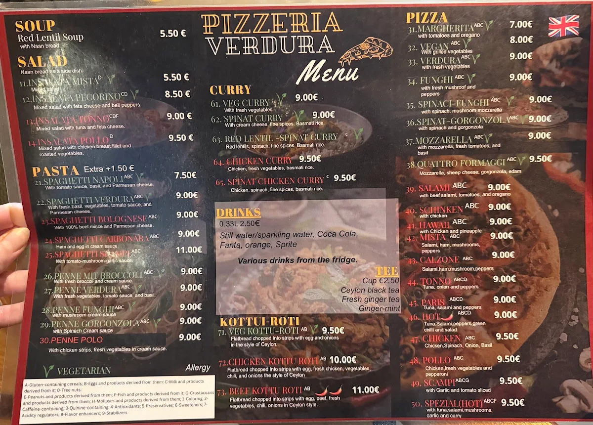 Speisekarte, Pizzeria Verdura