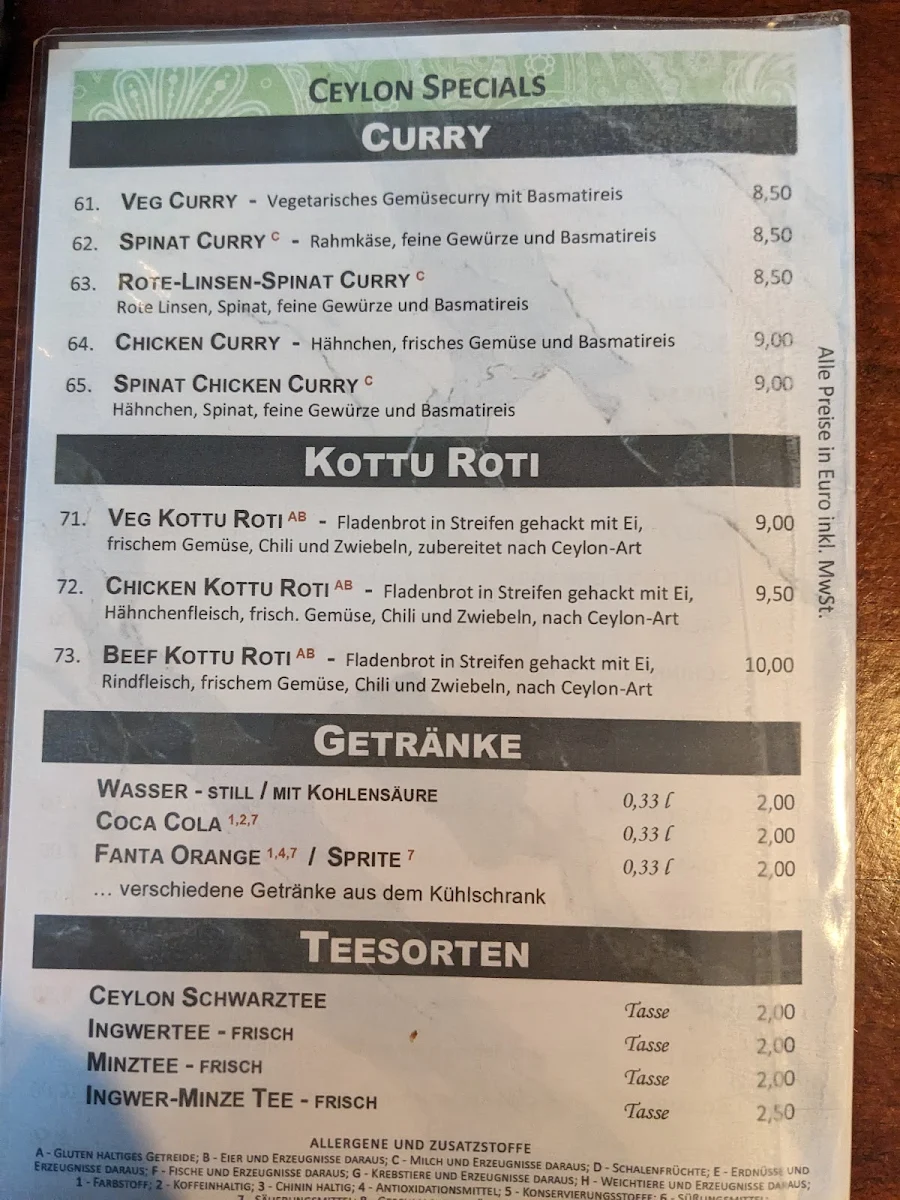 Speisekarte, Pizzeria Verdura