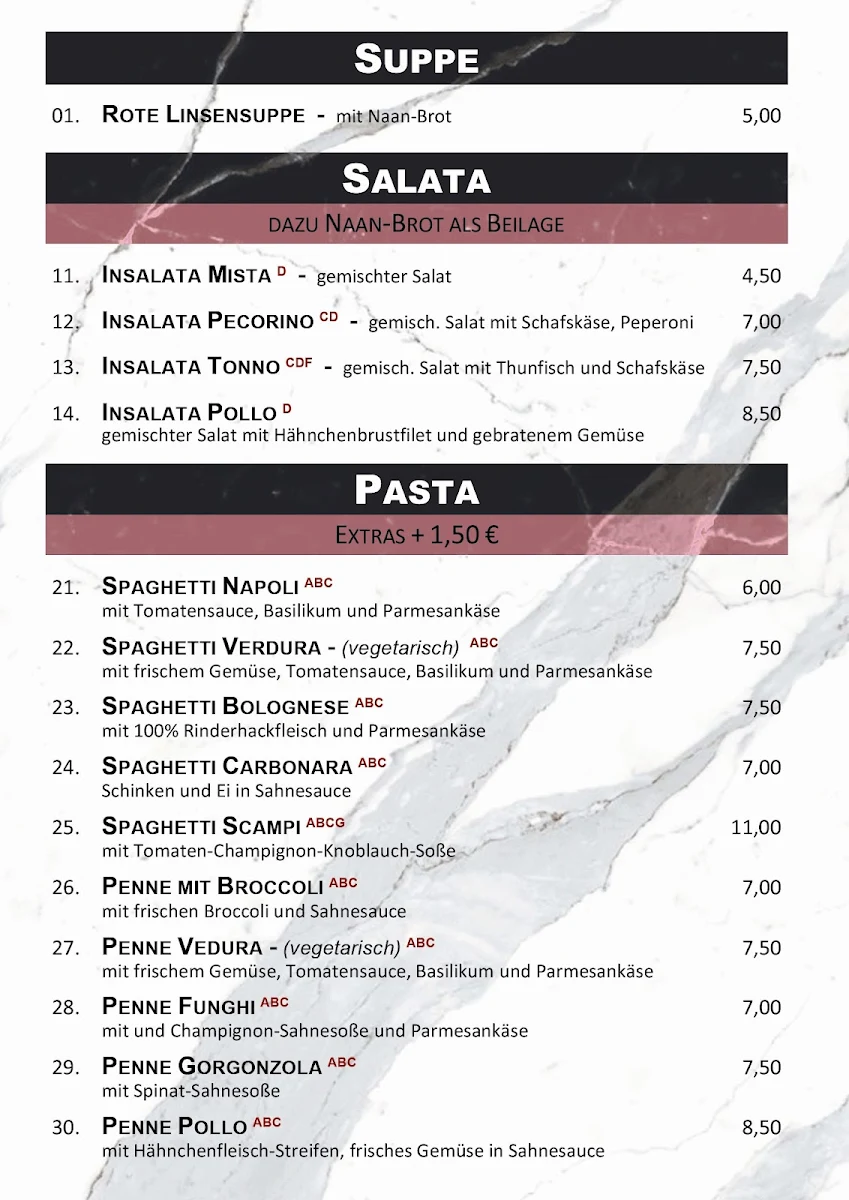 Speisekarte, Pizzeria Verdura