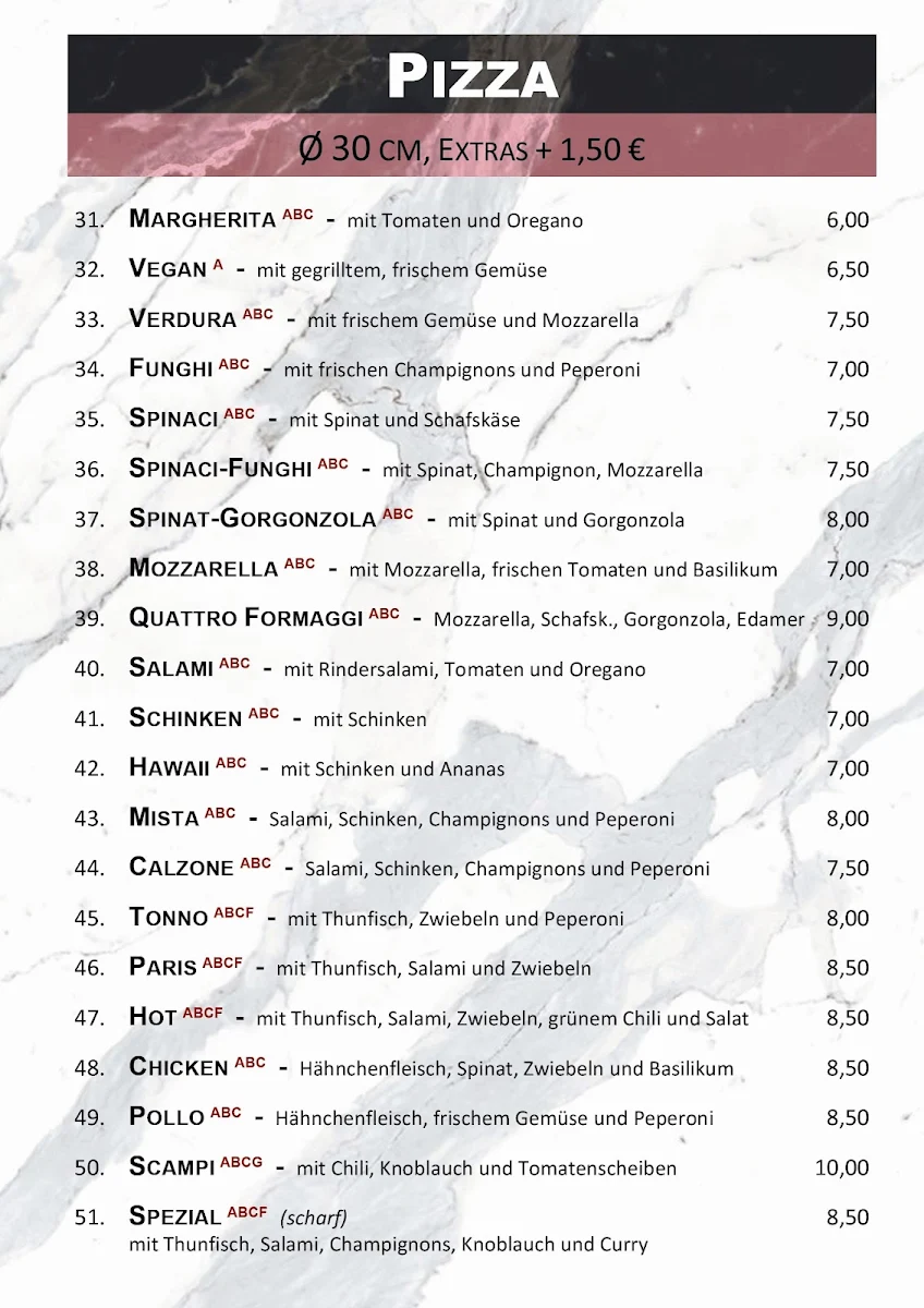 Speisekarte, Pizzeria Verdura