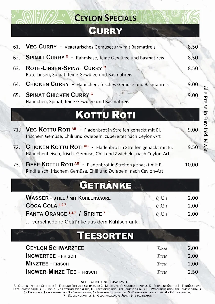 Speisekarte, Pizzeria Verdura
