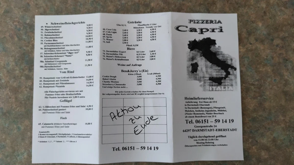 Speisekarte, Pizzeria Capri