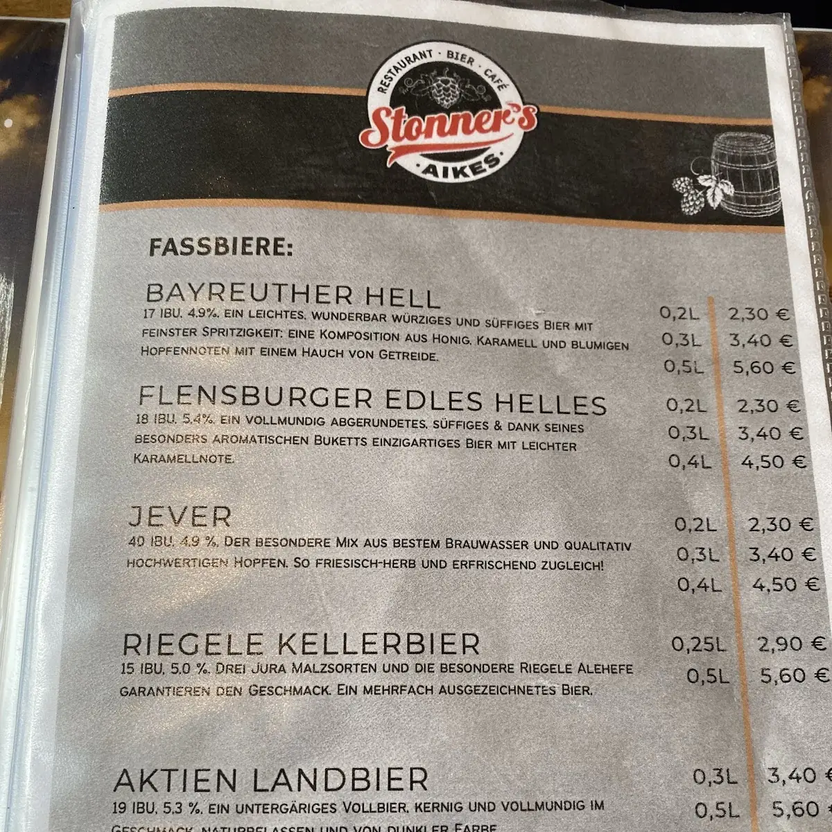 Speisekarte, Restaurant - Biercafe Stonner's Aikes