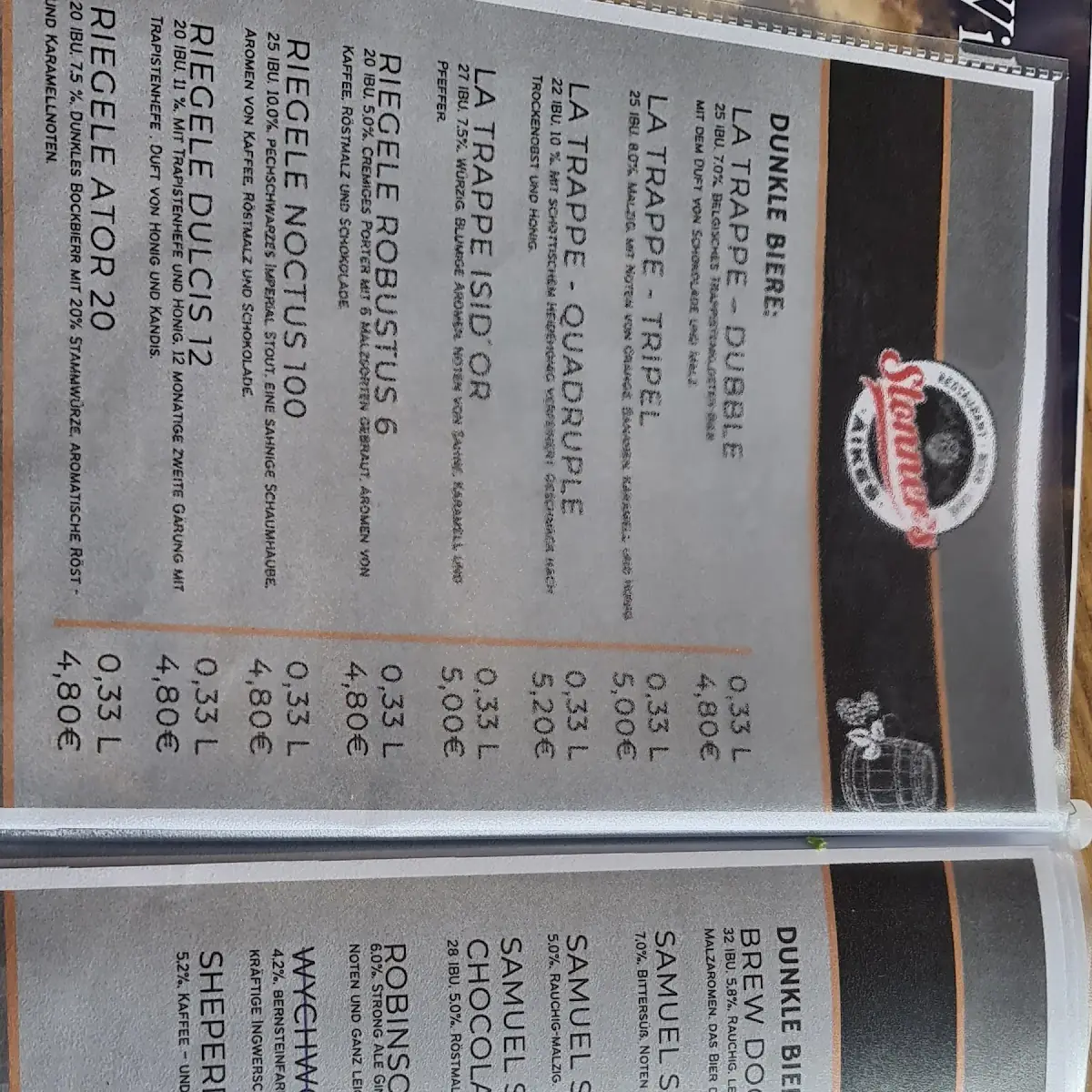 Speisekarte, Restaurant - Biercafe Stonner's Aikes