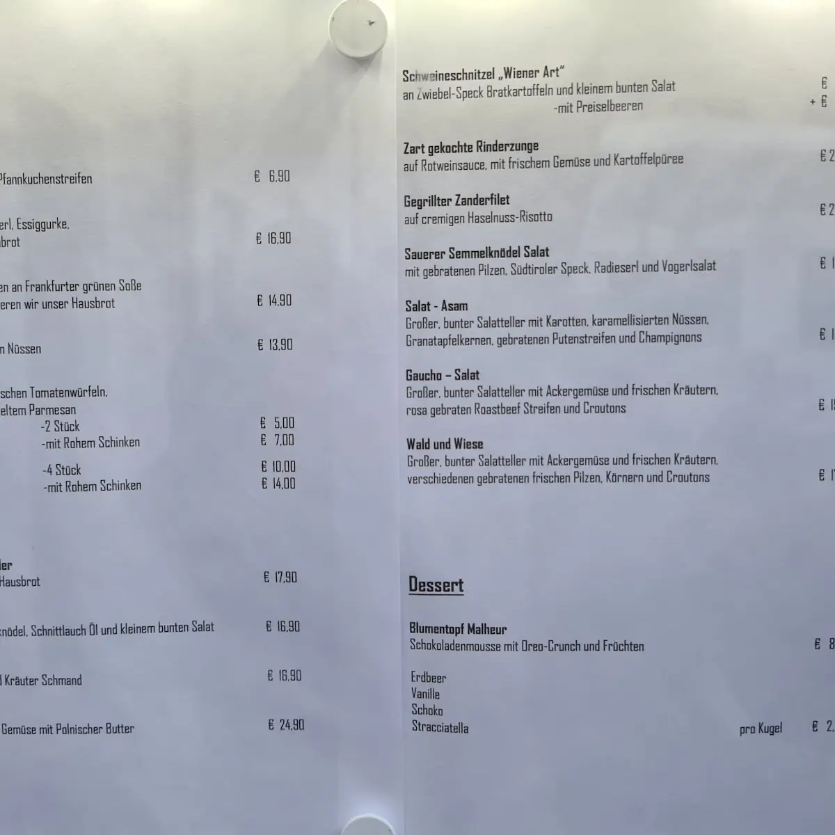 Speisekarte, Restaurant Wieland´s im Asam