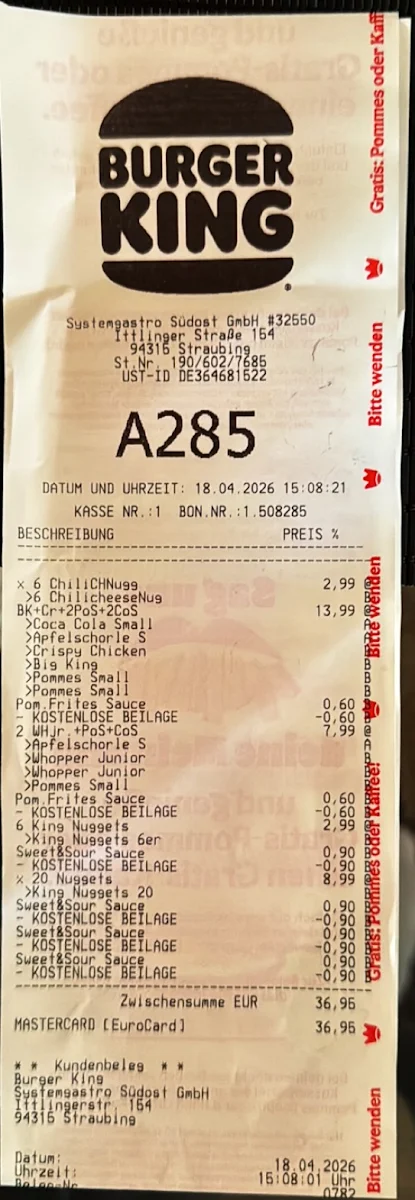 Speisekarte, Burger King Straubing