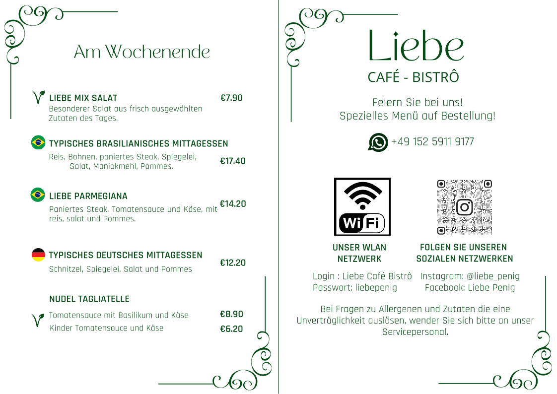 Speisekarte, Liebe Café-Bistrô