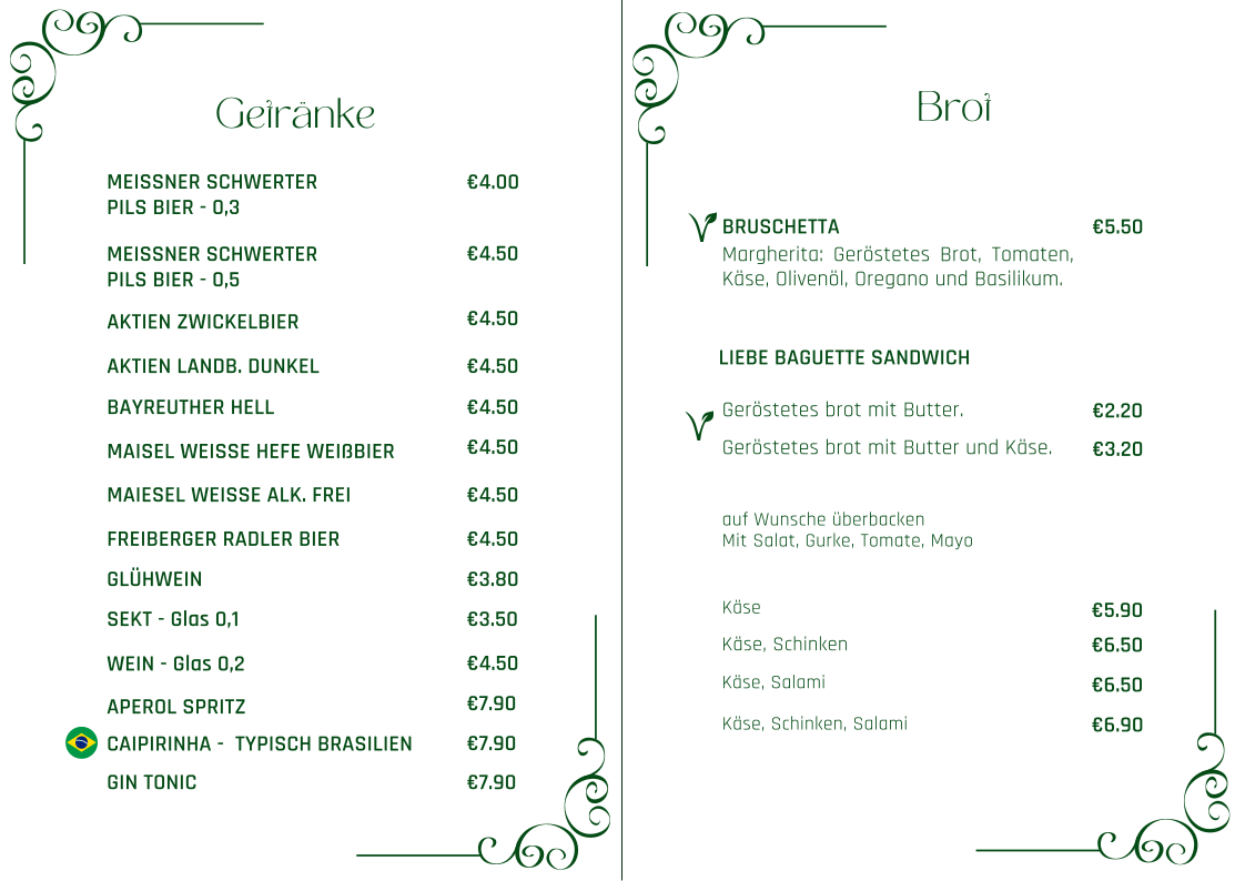 Speisekarte, Liebe Café-Bistrô