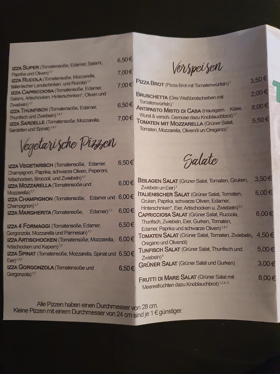 Speisekarte, Tre Colori Pizzeria