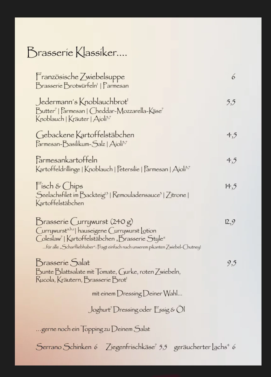 Speisekarte, Köhler's Brasserie Jedermann