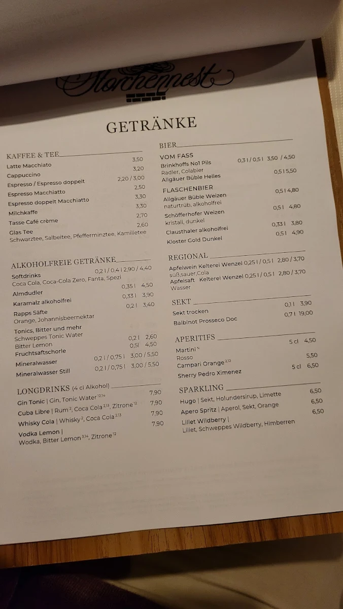 Speisekarte, Restaurant zum Storchennest