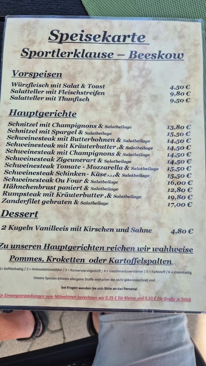 Speisekarte, Gaststätte Sportlerklause & Bowlingbahn