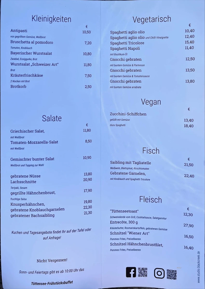 Speisekarte, Restaurant Seebad Tüttensee