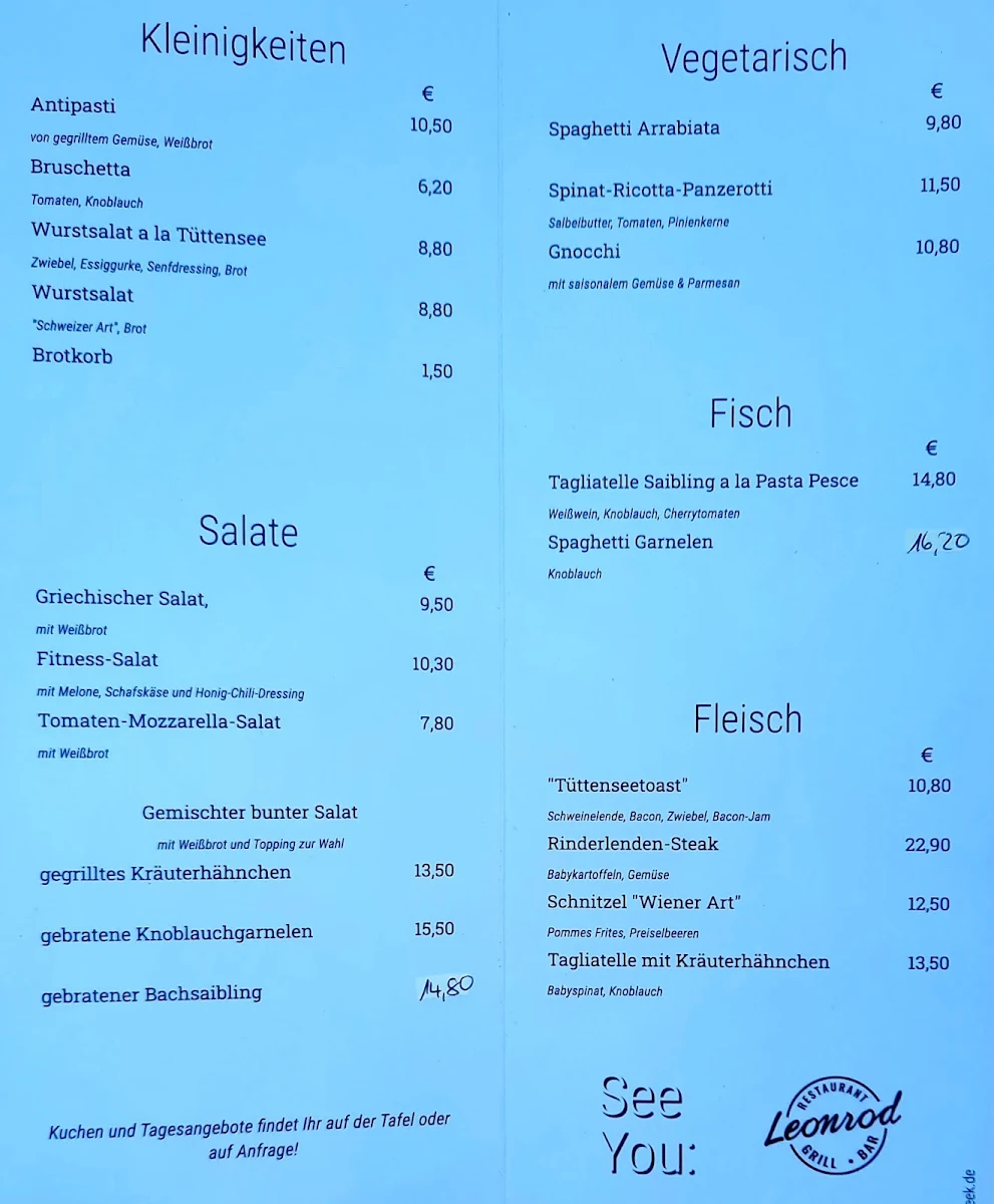 Speisekarte, Restaurant Seebad Tüttensee