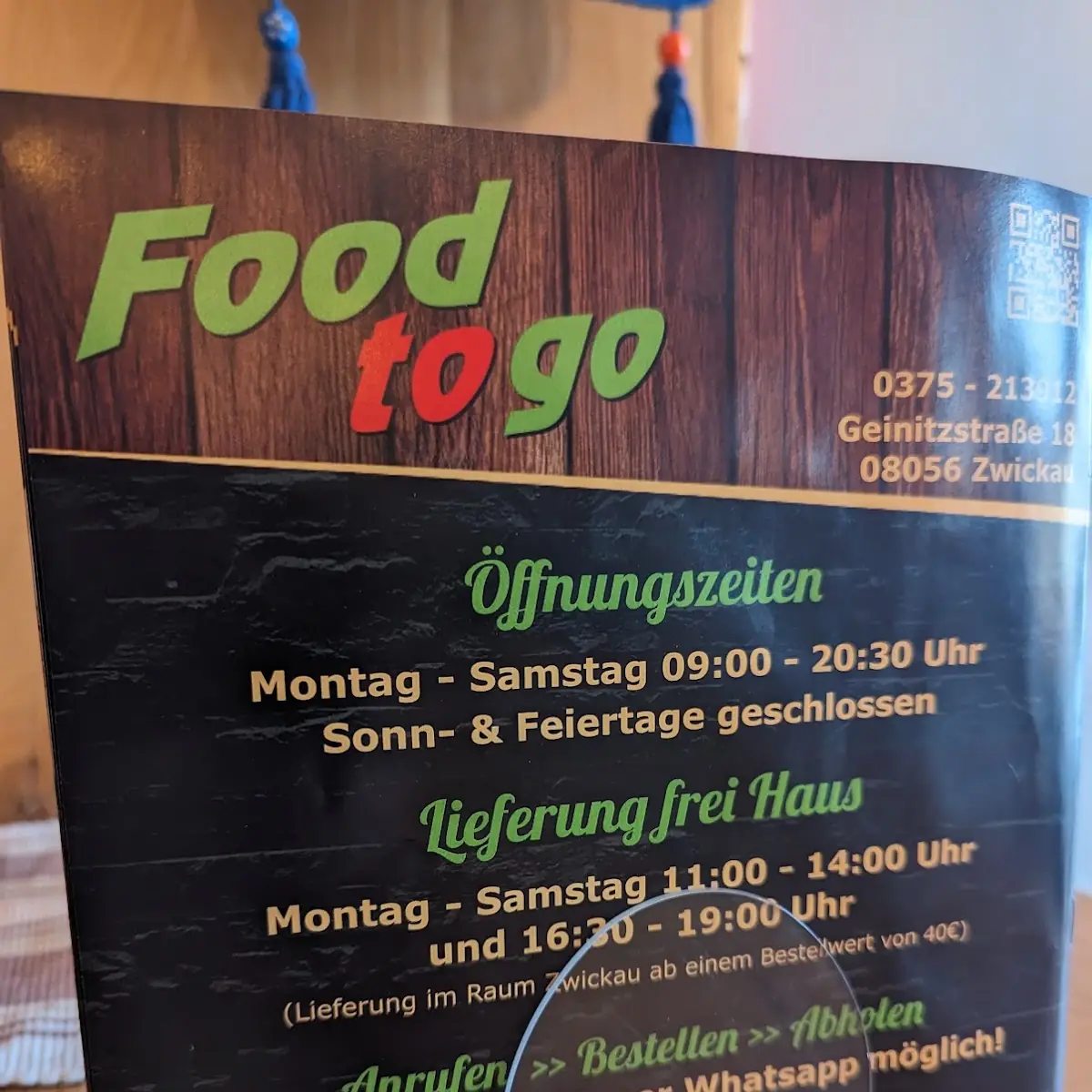 Speisekarte, Food To Go Bistro-Lounge