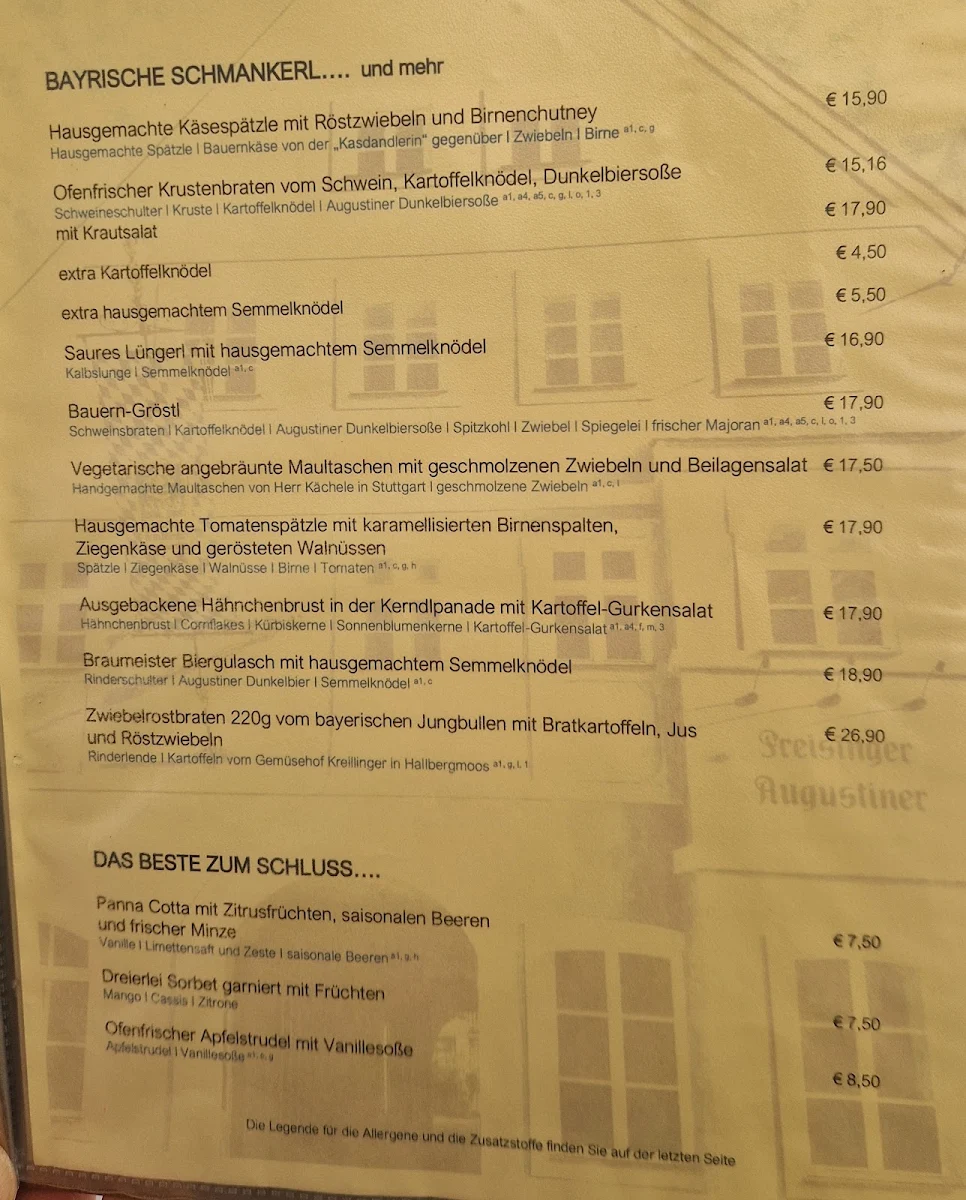 Speisekarte, Freisinger Augustiner