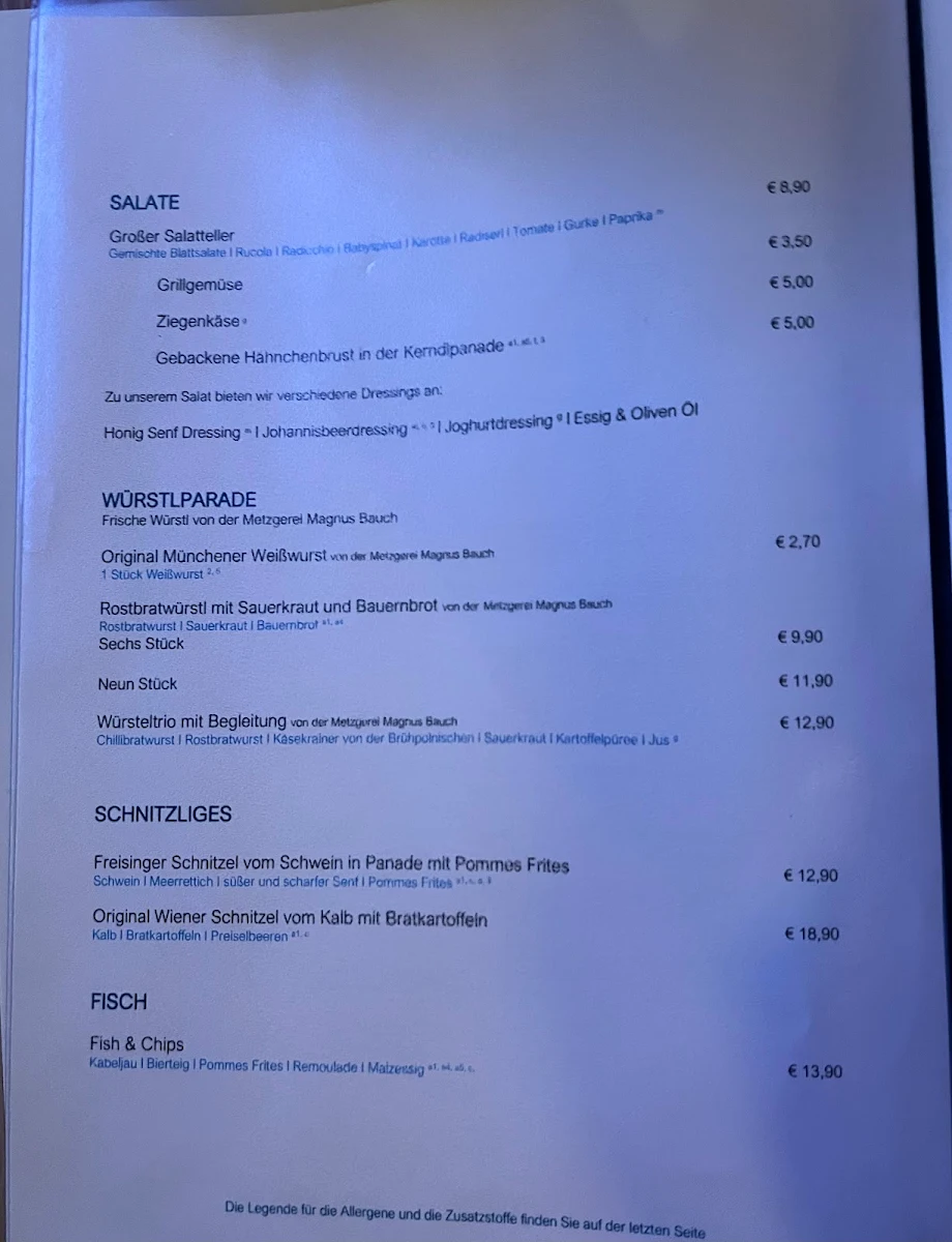 Speisekarte, Freisinger Augustiner