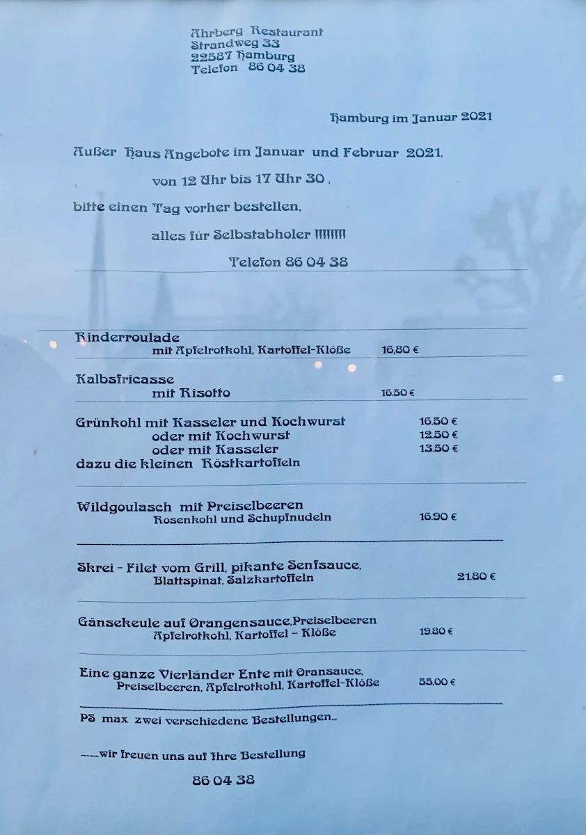 Speisekarte, Restaurant Ahrberg