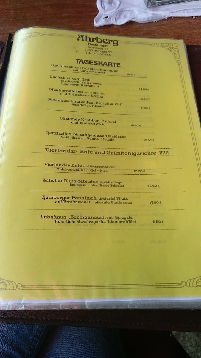 Speisekarte, Restaurant Ahrberg