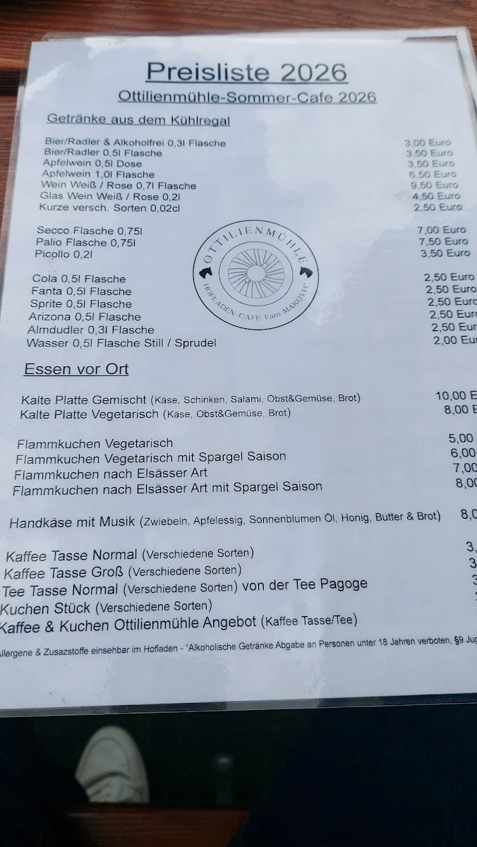 Speisekarte, Ottilienmühle Hofladen und Café