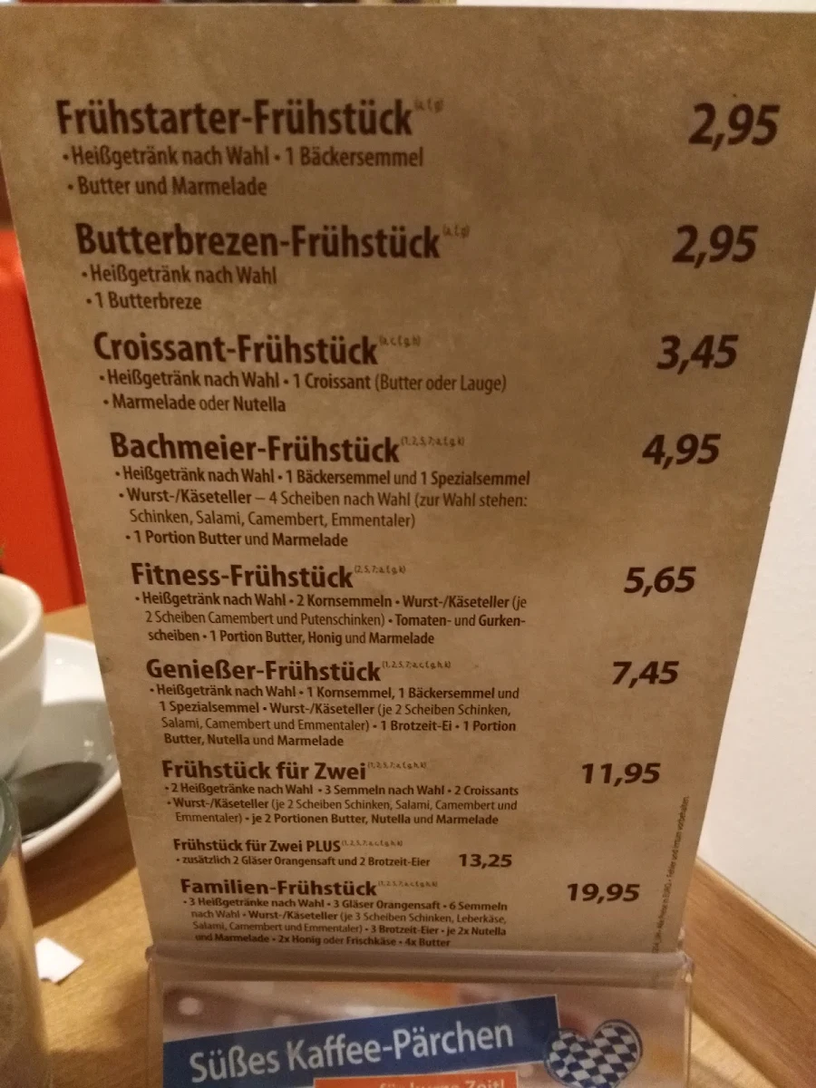 Speisekarte, Bäcker Bachmeier
