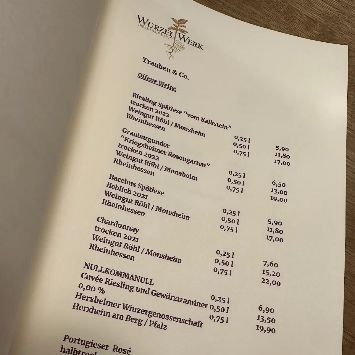 Speisekarte, Restaurant WurzelWerk - Benjamin Bendzko