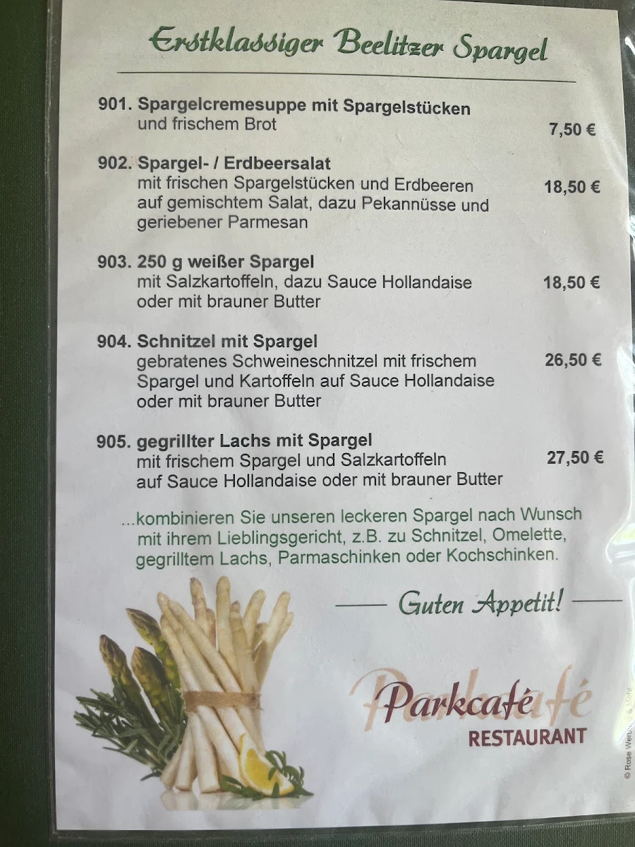 Speisekarte, Parkcafé Restaurant