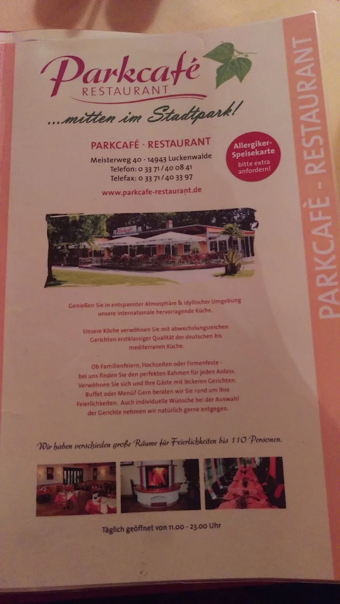 Speisekarte, Parkcafé Restaurant