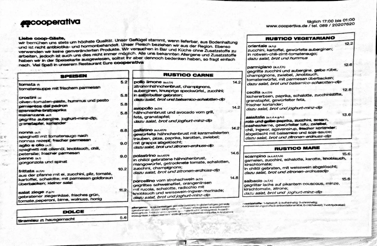 Speisekarte, Cooperativa