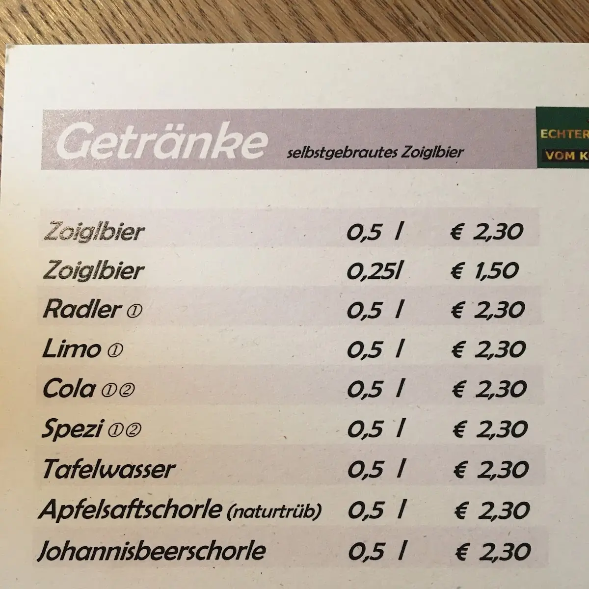 Speisekarte, Teicher Zoigl