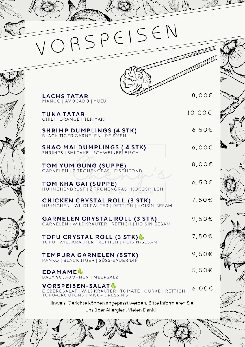 Speisekarte, Cheng's Asian Kitchen