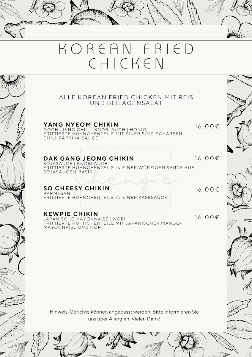 Speisekarte, Cheng's Asian Kitchen