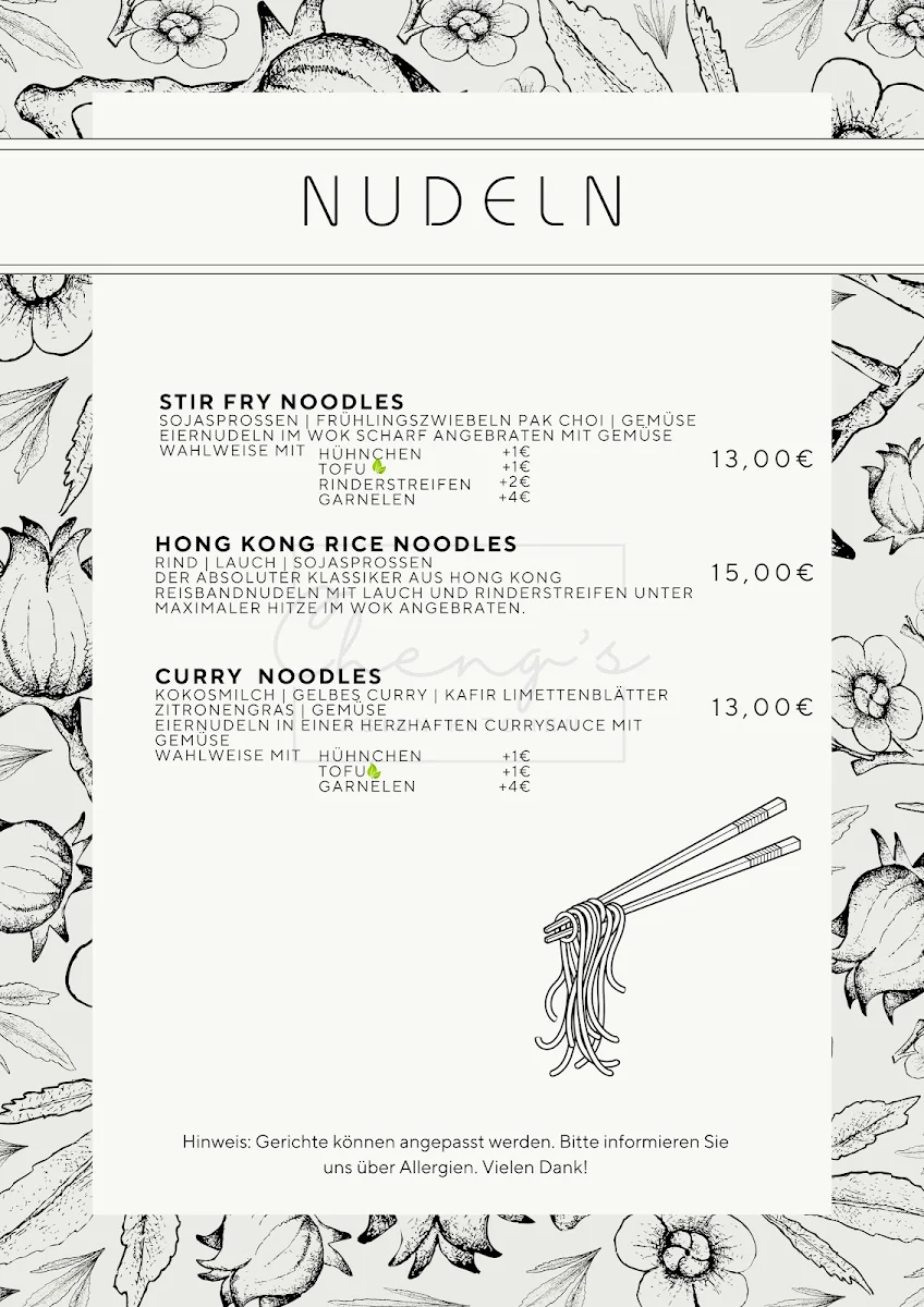 Speisekarte, Cheng's Asian Kitchen