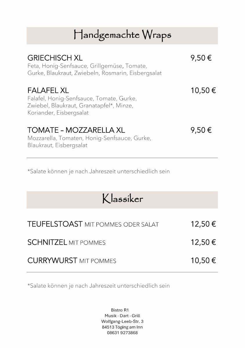 Speisekarte, Bistro R1