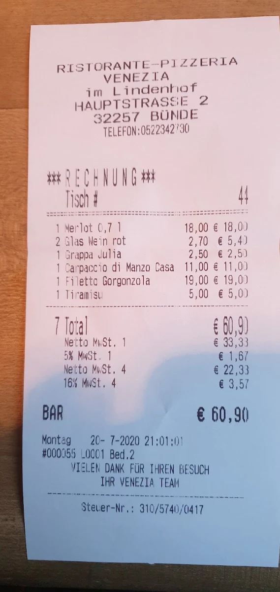 Speisekarte, Pizzaria Venezia Bringdienst