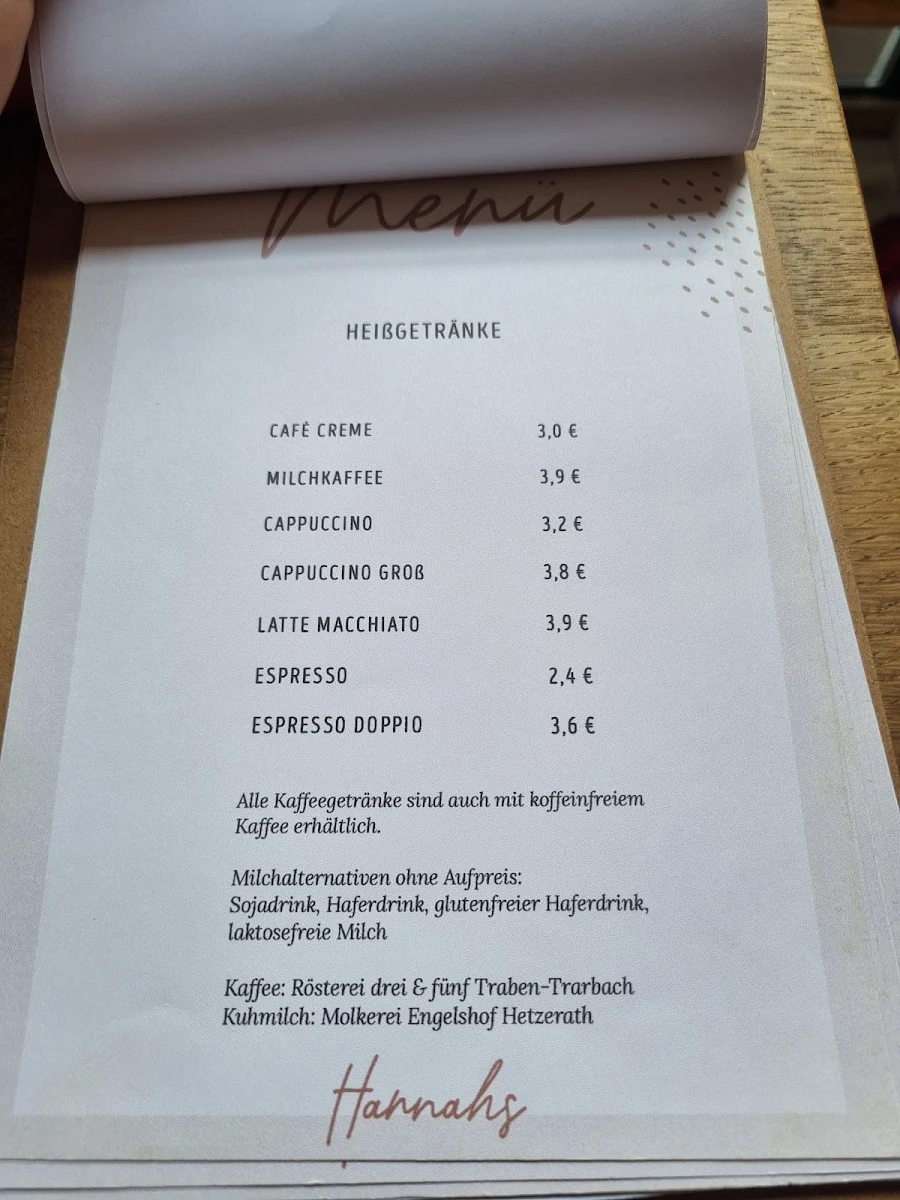 Speisekarte, Hannahs Kreativcafé & Conceptstore